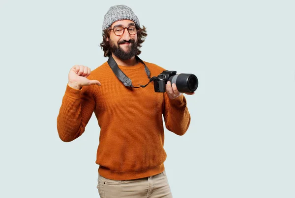 Junger Bärtiger Mann Mit Fotokamera — Stockfoto