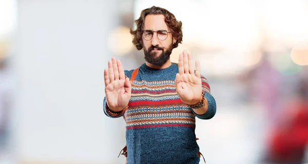 Joven Hippie Hombre Con Stop Gesture —  Fotos de Stock