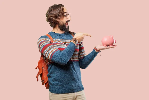 Junger Hippie Mann Mit Sparschwein — Stockfoto