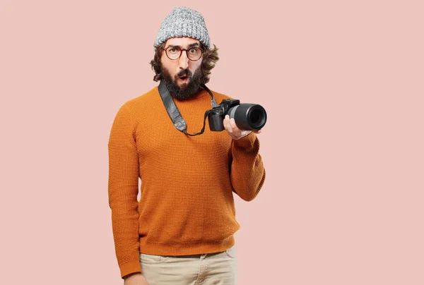Young Bearded Man Photo Camera — Stock Photo, Image