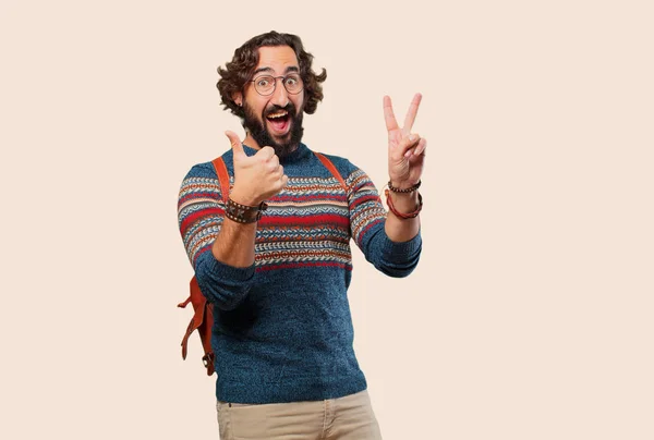 Young Hippie Man Victory Sign — Stock Photo, Image