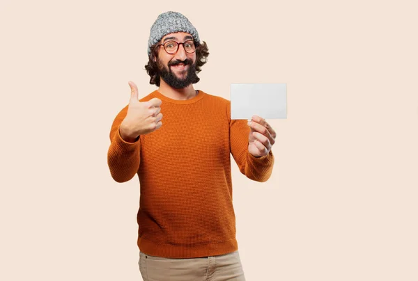 Jovem barbudo homem com um cartaz — Fotografia de Stock