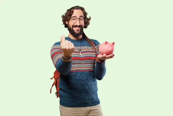 Ung Hippie Man Med Spargris Bank — Stockfoto