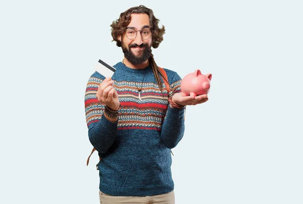 Junger Hippie Mann Mit Sparschwein — Stockfoto