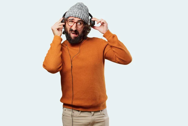 Jeune Homme Barbu Écouter Musique — Photo