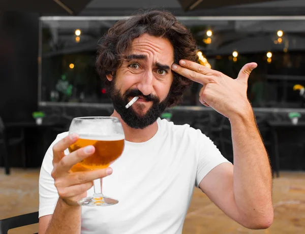 Young Bearded Man Smoking Drinking Beer — Stock Photo, Image