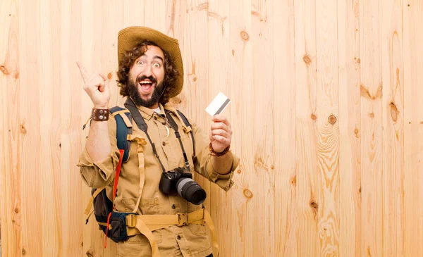 Young Crazy Explorer Straw Hat Backpack Wood Background — Stock Photo, Image