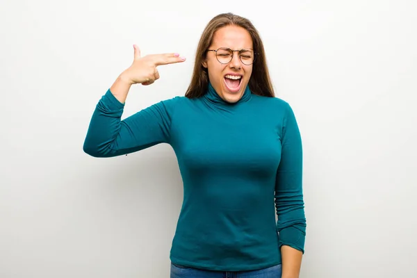 Junge Frau Sieht Unglücklich Und Gestresst Aus Geste Des Selbstmordes — Stockfoto