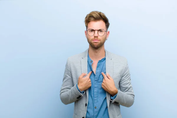 Young Businessman Pointing Self Confused Quizzical Look Shocked Surprised Chosen — Stok fotoğraf