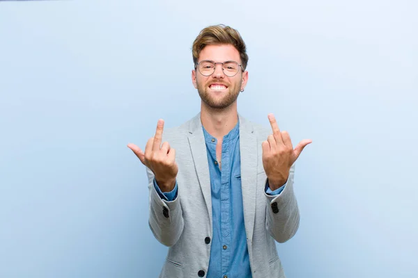 Young Businessman Feeling Provocative Aggressive Obscene Flipping Middle Finger Rebellious — Stockfoto