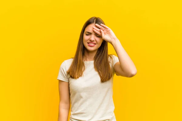 Young Pretty Woman Looking Stressed Tired Frustrated Drying Sweat Forehead — ストック写真