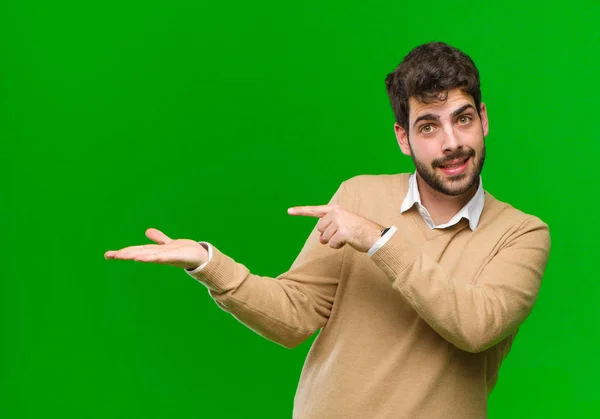 Young Businessman Smiling Cheerfully Pointing Copy Space Palm Side Showing — Stock Photo, Image