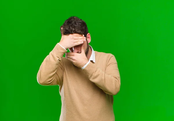 Young Businessman Covering Face Both Hands Saying Camera Refusing Pictures — Stockfoto