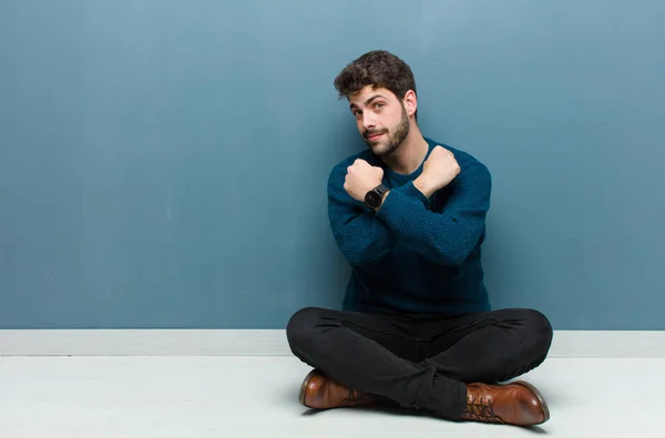 Young Handsome Man Sitting Floor Smiling Cheerfully Celebrating Fists Clenched — Stock Photo, Image