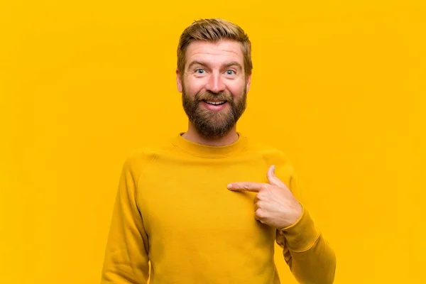 Young Blonde Man Looking Happy Proud Surprised Cheerfully Pointing Self — Stock Photo, Image