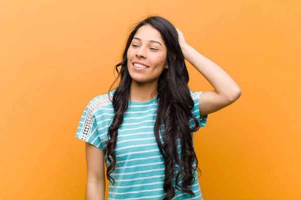 Young Pretty Hispanic Woman Smiling Cheerfully Casually Taking Hand Head — Stock Photo, Image