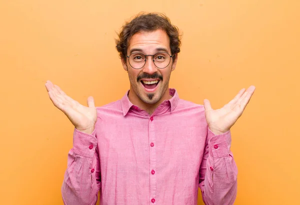 Young Handsome Man Looking Happy Excited Shocked Unexpected Surprise Both — ストック写真