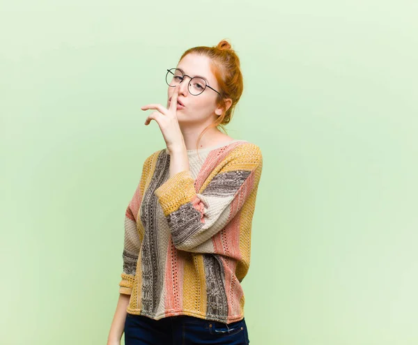 Young Pretty Red Head Woman Asking Silence Quiet Gesturing Finger — Stock Photo, Image