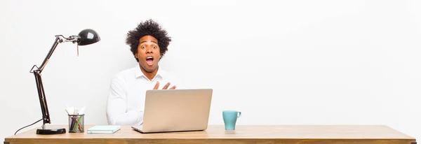 Young Black Businessman Feeling Shocked Astonished Surprised Hand Chest Open — Stock Photo, Image