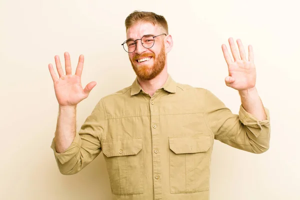 Young Red Head Man Smiling Looking Friendly Showing Number Nine — Stock Photo, Image