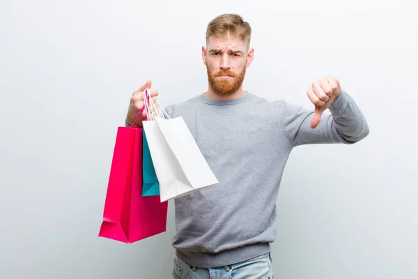 Young Red Head Man Shopping Bags White Background — Stock Photo, Image