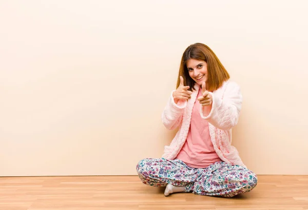 Young Woman Wearing Pajamas Sitting Home Feeling Happy Cool Satisfied — Stock Photo, Image