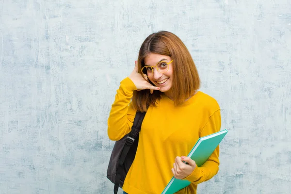 Young Student Woman Smiling Cheerfully Pointing Camera While Making Call — Stock Photo, Image