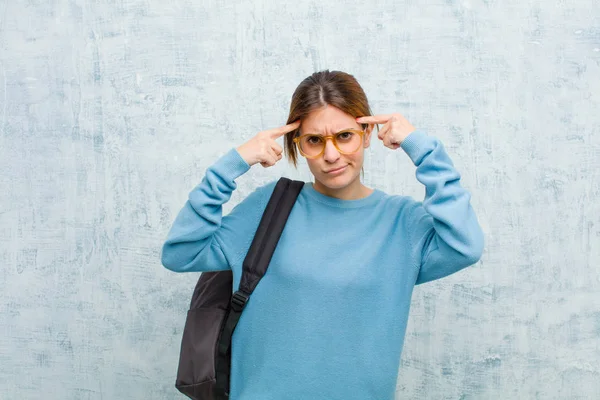 Young Student Woman Serious Concentrated Look Brainstorming Thinking Challenging Problem — Stock Photo, Image