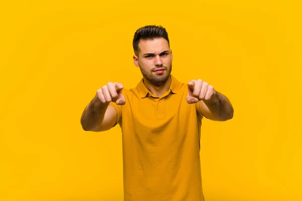 Young Hispanic Man Pointing Forward Camera Both Fingers Angry Expression — Stock Photo, Image