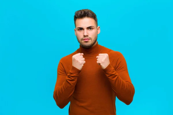 Young Hispanic Man Looking Confident Angry Strong Aggressive Fists Ready — Stock Photo, Image