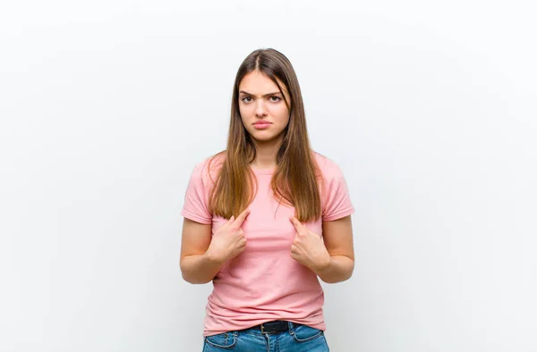 Young Pretty Woman Pointing Self Confused Quizzical Look Shocked Surprised — Stock Photo, Image
