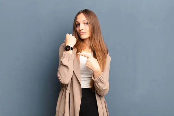 Young Pretty Woman Looking Impatient Angry Pointing Watch Asking Punctuality — Stock Photo, Image