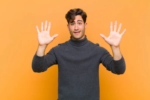 Young Handsome Man Smiling Looking Friendly Showing Number Ten Tenth — Stock Photo, Image