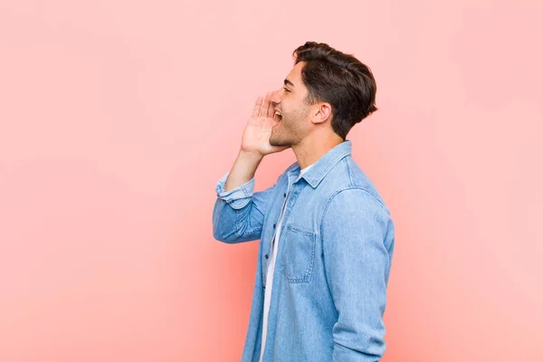 Young Handsome Man Profile View Looking Happy Excited Shouting Calling — Stock Photo, Image