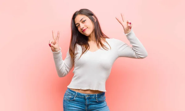 Young Pretty Woman Smiling Looking Happy Friendly Satisfied Gesturing Victory — Stock Photo, Image