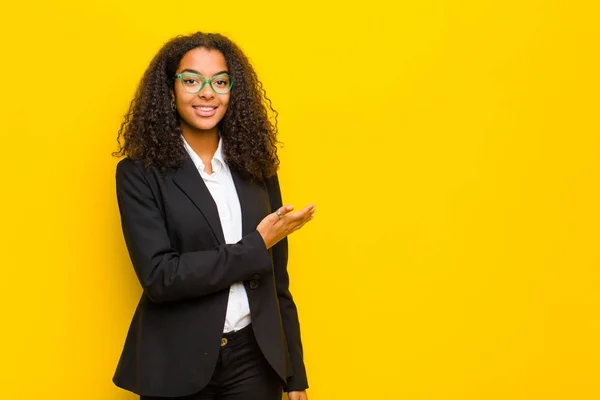 Black Business Woman Smiling Cheerfully Feeling Happy Showing Concept Copy — Stock Photo, Image