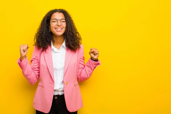 Black Business Woman Feeling Happy Positive Successful Celebrating Victory Achievements — ストック写真