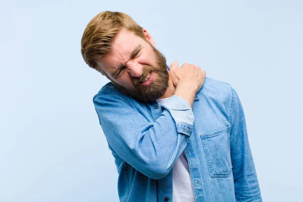 Young Blonde Adult Man Feeling Tired Stressed Anxious Frustrated Depressed — Stock Photo, Image