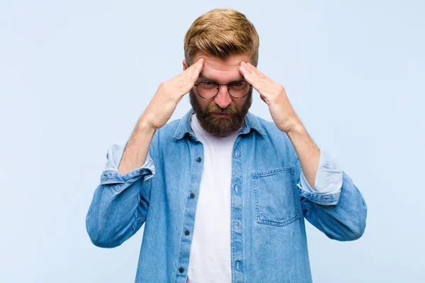 Young Blonde Adult Man Looking Stressed Frustrated Working Pressure Headache — Stock Photo, Image