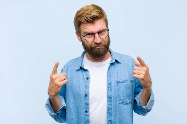 Young Blonde Adult Man Bad Attitude Looking Proud Aggressive Pointing — Stock Photo, Image