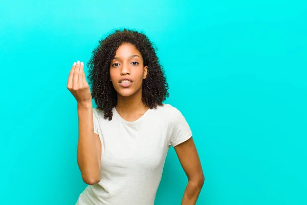 Jonge Zwarte Vrouw Maken Capice Geld Gebaar Vertellen Schulden Betalen — Stockfoto