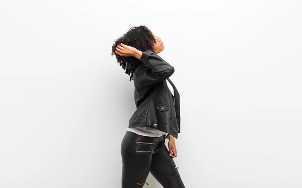 Young Pretty Black Woman Wearing Leather Jacket White Wall — Stock Photo, Image