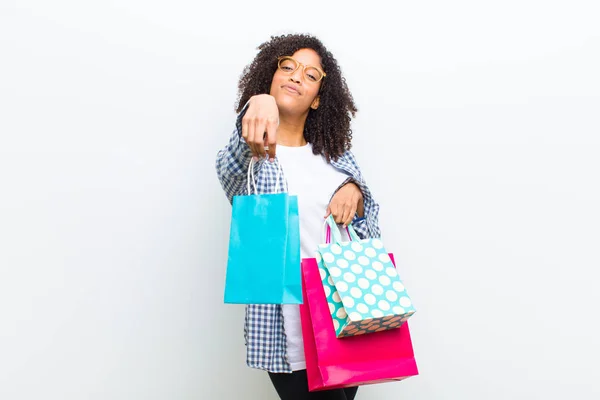 Young Pretty Black Woman Shopping Bags White Wall — Stock Photo, Image