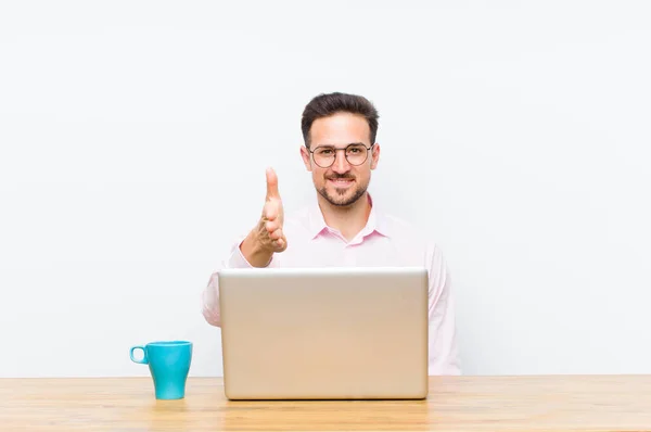 Young Handsome Businessman Smiling Greeting You Offering Hand Shake Close — Stock Photo, Image