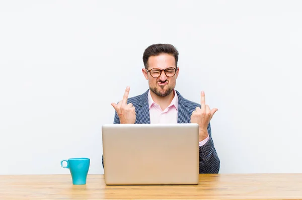 Young Handsome Businessman Feeling Provocative Aggressive Obscene Flipping Middle Finger — Stock Photo, Image