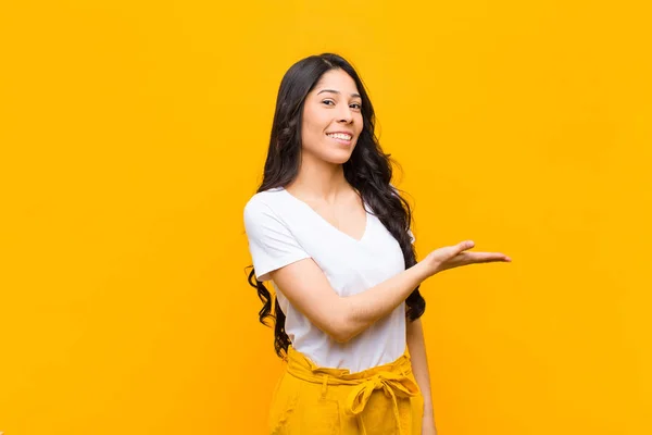 Young Pretty Latin Woman Smiling Cheerfully Feeling Happy Showing Concept — Stock Photo, Image