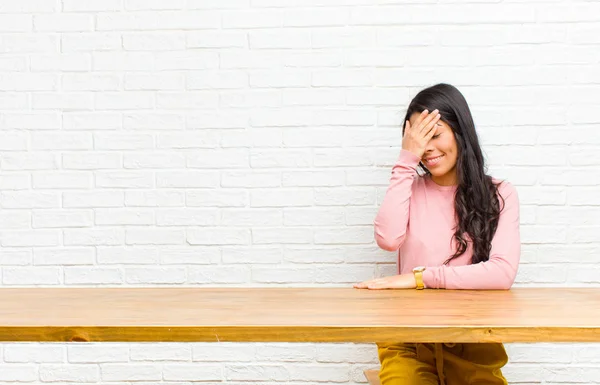 Young Pretty Latin Woman Looking Stressed Ashamed Upset Headache Covering — Stockfoto