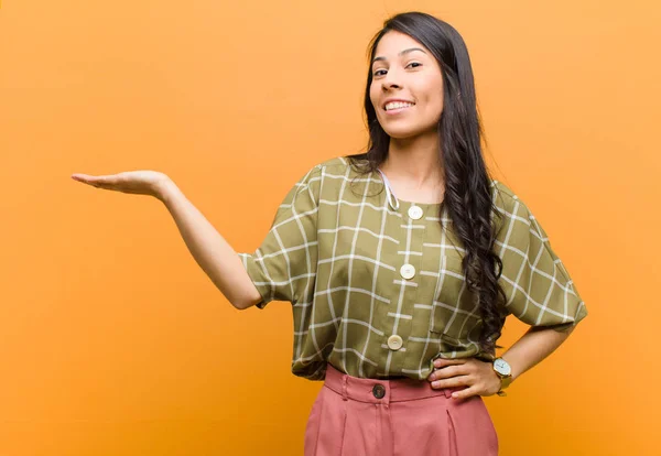 Young Pretty Hispanic Woman Smiling Feeling Confident Successful Happy Showing — Stockfoto