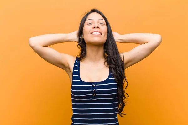 Young Pretty Hispanic Woman Smiling Feeling Relaxed Satisfied Carefree Laughing — Stock Photo, Image