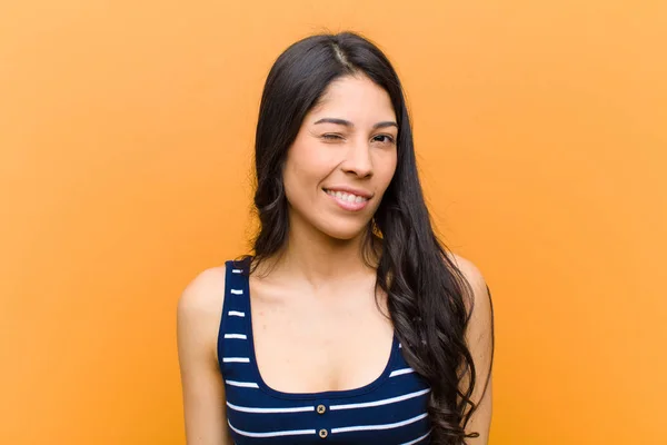 Young Pretty Hispanic Woman Looking Happy Friendly Smiling Winking Eye — Stock Photo, Image